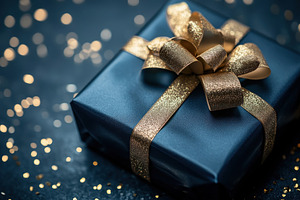 Dark blue gift box with gold ribbon, a Photo by Pavel_design