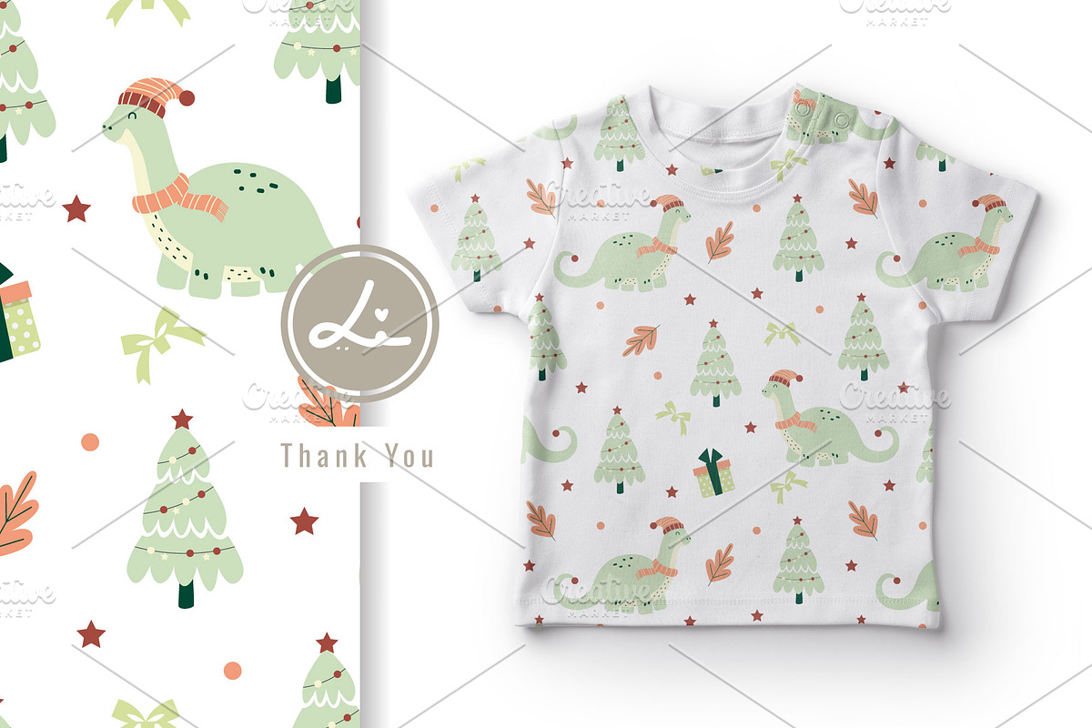 Dinosaur and christmas tree pattern, a Pattern Graphic by lindoet23 (Photo 2 of 3)
