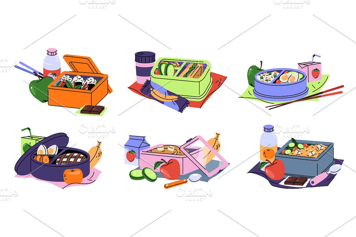 Vector set of lunchbox with meal, a Food Illustration by Elegant Solution