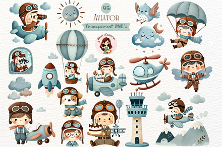Cute Aviator Watercolor Clipart PNG