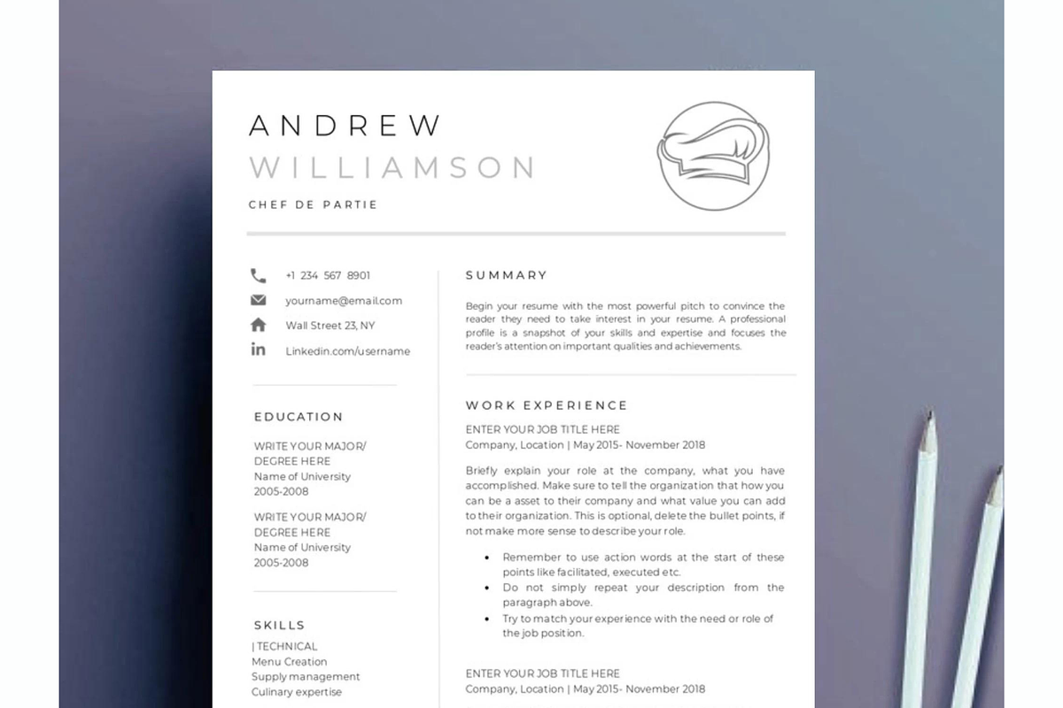 Chef Resume Template Word and docs, a Resume Template by Climbwithelevator (Photo 1 of 6)