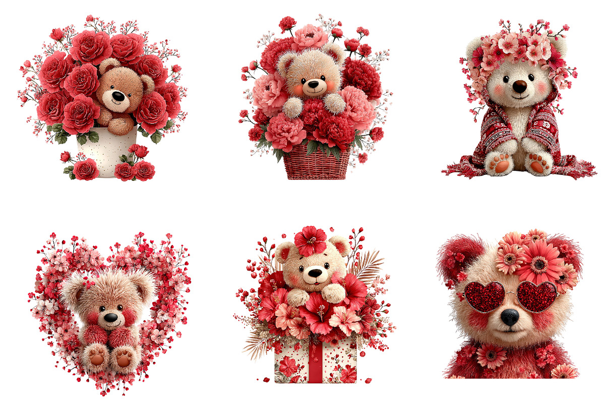Flowers Valentine Teddy Bear Clipart, an Illustration by Dream Creation (Photo 3 of 6)