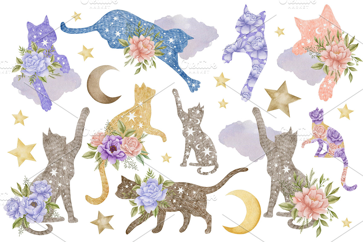 Watercolor Flowers & Cats collection, an Animal Illustration by Kira Konoshenko (Photo 5 of 20)