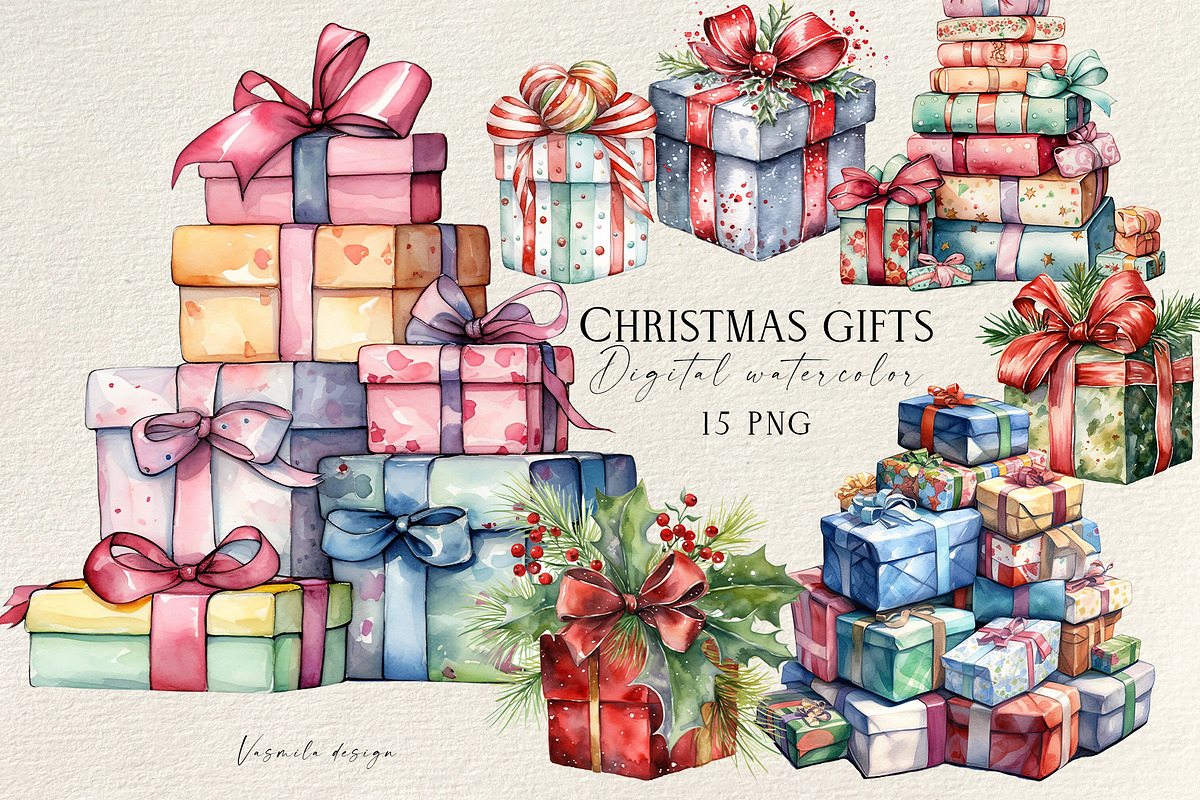 Watercolor Christmas Gifts, a Decorative Illustration by Vasmila (Photo 1 of 5)