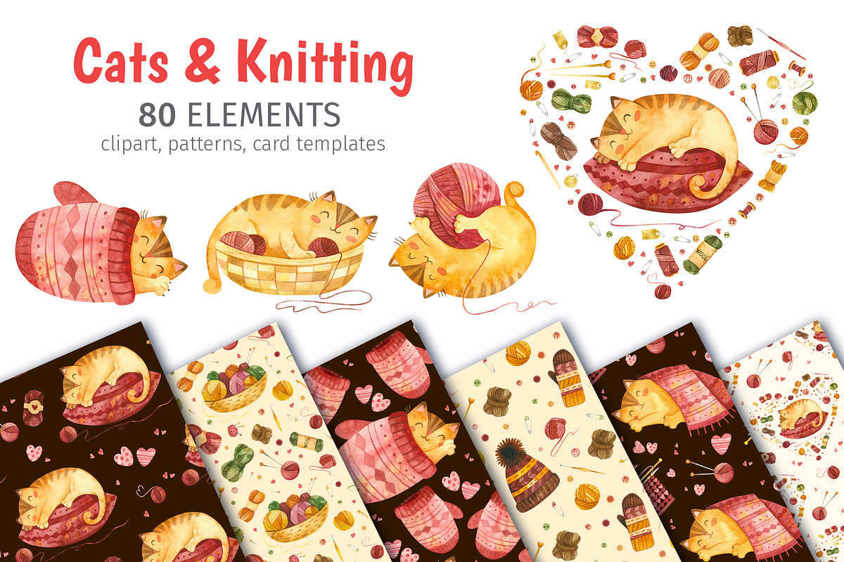 Watercolor Cute Cats & Knitting, a Graphic by Valin Malin (Photo 1 of 23)