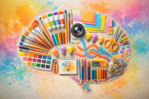 Brain formed by art supplies showcas, a Photo by Dvoevnore photos