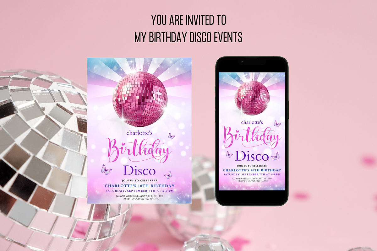 Pink Birthday Disco Party Invitation, an Invitation Template by Earth5168 (Photo 2 of 9)