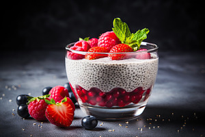 Chia pudding with berries and granola in glass on dark background, a Food & Drink Photo by AlyaAnd
