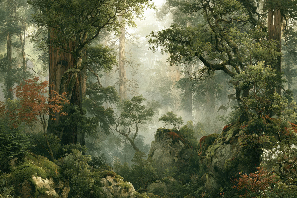 Moss-Draped Sequoia Forest Wallpaper, a Decorative Illustration by Virgo Studio