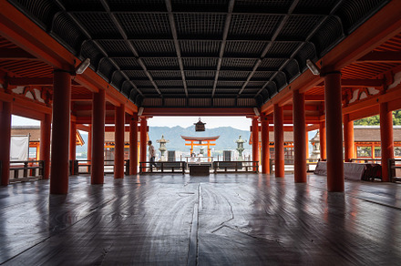 Itsukushima Shrine and iconic torii gate on Miyajima island, Jap