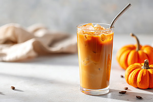 Enjoying a refreshing iced pumpkin beverage in a cozy autumn setting, a Photo by AlyaAnd