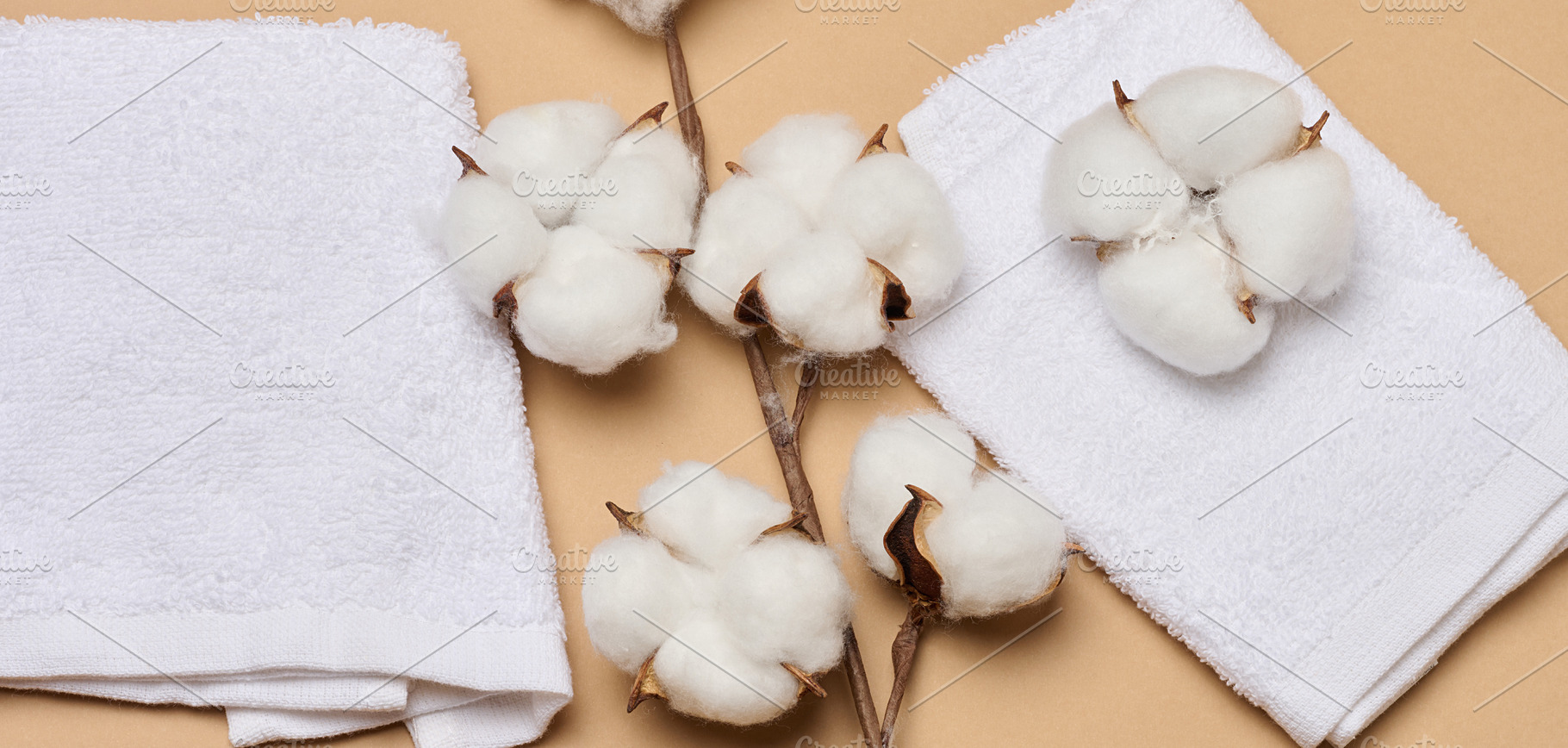 A folded soft white terry towel and natural cotton bolls on a wa, a Background Photo by ndanko