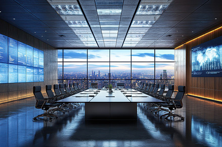 High-Tech Conference Room with City, a Background Photo by Pixeness