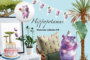 Birthday Hippo – Watercolor Clipart