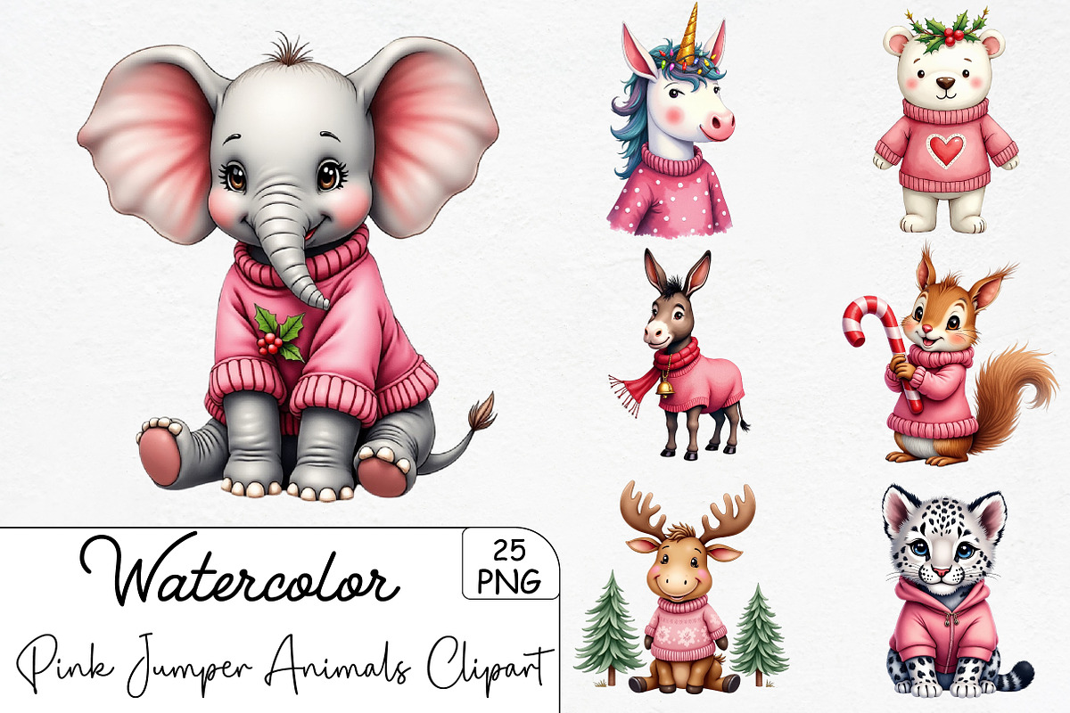 Pink Jumper Animals Christmas Clipar, an Illustration by CrexoraLab (Photo 1 of 5)