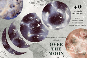 Over the moon watercolor clipart