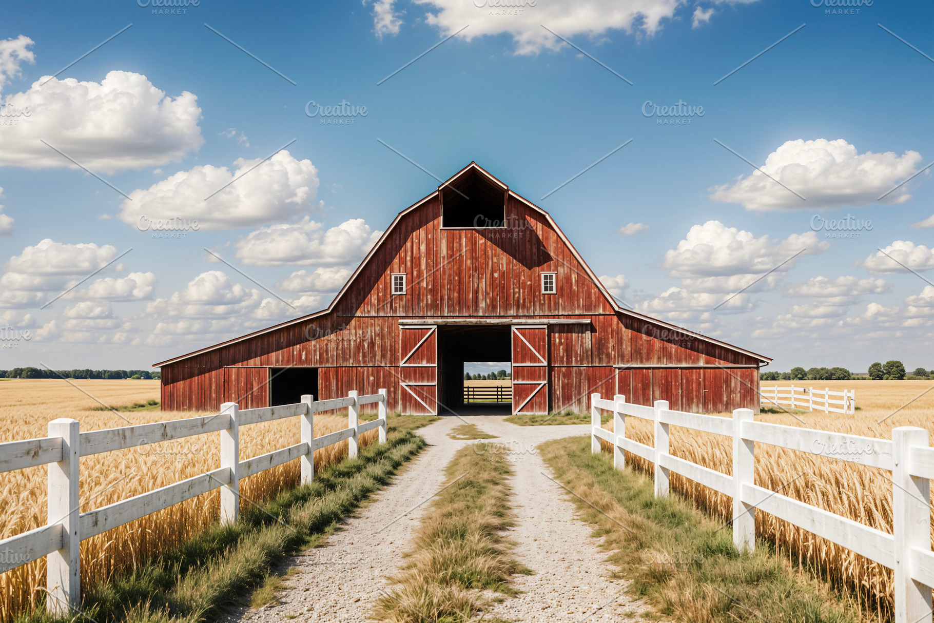Rustic red barn, golden wheat field,, a Photo by rarrarorro