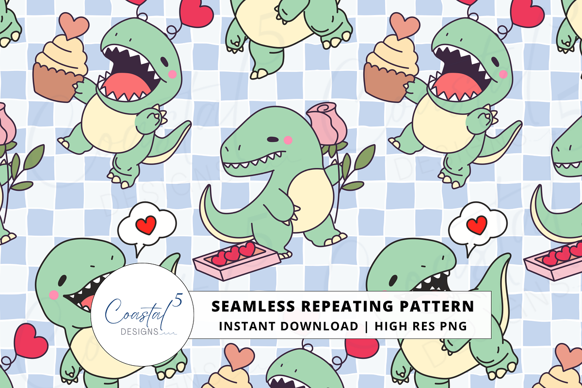 Valentine's Dino Seamless Pattern, a Pattern Graphic by Coastal 5 Designs (Photo 1 of 3)