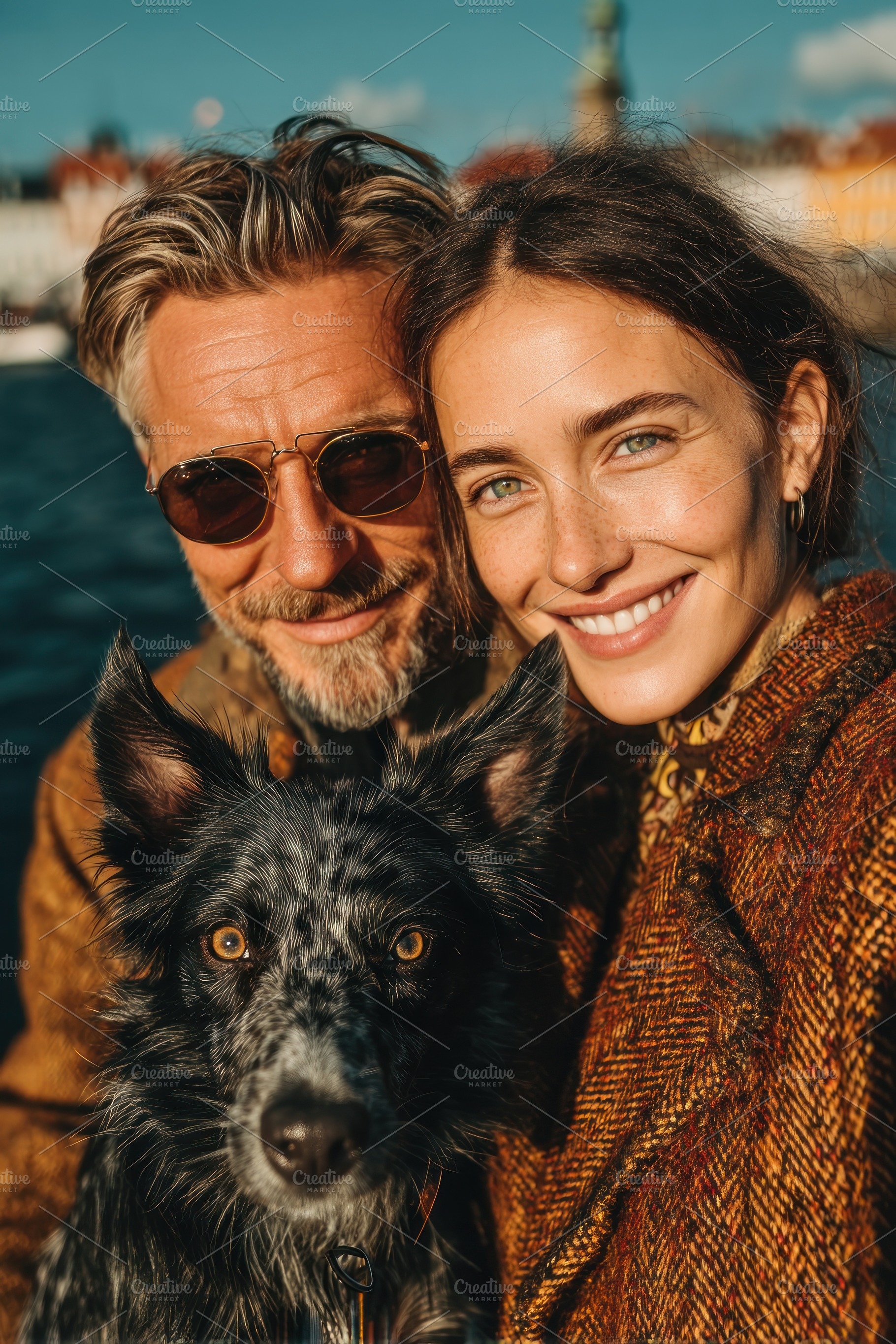 Smiling Couple with Black Dog Taking Selfie by Waterfront at Gol, a Person Photo by José Manuel Gelpi