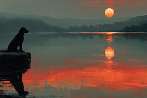 Dog sitting on a lakeside cliff at sunset reflecting on water in, an Animal Photo by José Manuel Gelpi