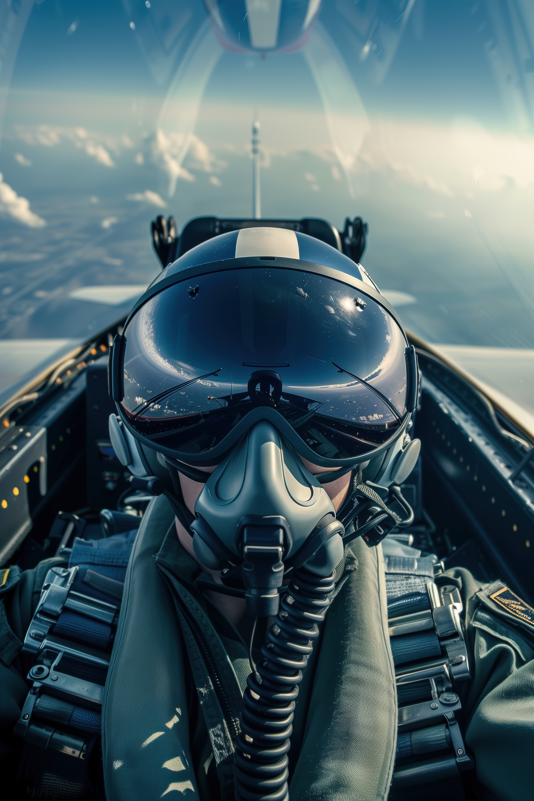 A pilot in a fighter jet cockpit, wearing a helmet and oxygen mask ...