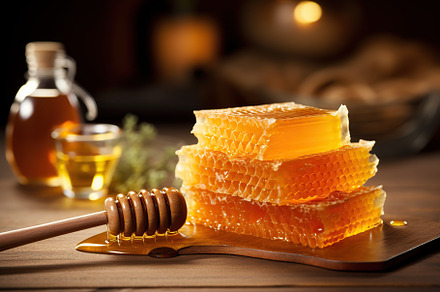 Honeycomb with honey and honey dipper on wooden background, a Food & Drink Photo by AlyaAnd