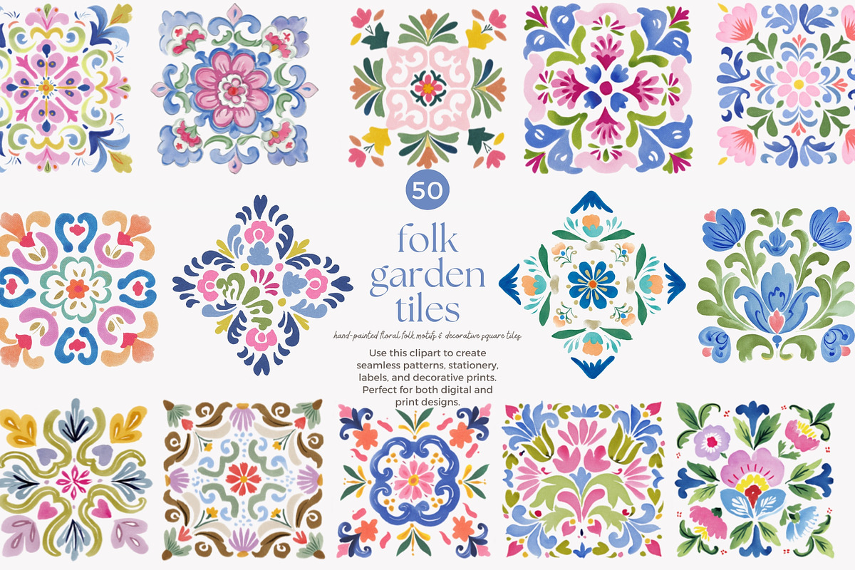 floral folk art motif clipart set, a Decorative Illustration by Patishop Art (Photo 1 of 6)