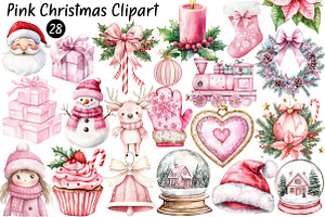 Watercolour Pink Christmas Clipart, a Seasonal Illustration by CitraGraphics