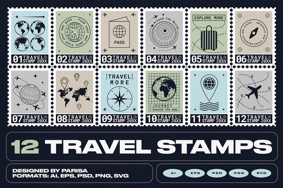 12 Travel Stamps, an Object Graphic by Parisa-Artstudio (Photo 1 of 5)