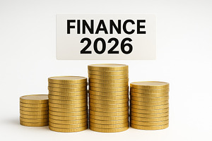Stacked coins with finance 2026 text, a Photo by Dvoevnore photos