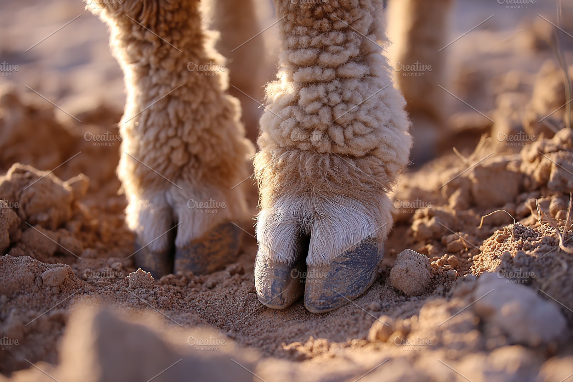 Close-up view of sheep hooves on dry ground during golden hour in a rural area, a Photo by AlyaAnd