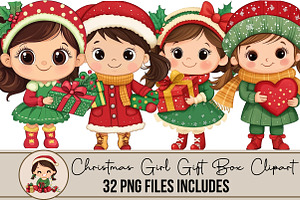 Christmas Girl Gift Box Clipart, an Illustration by DreamArtGraphic