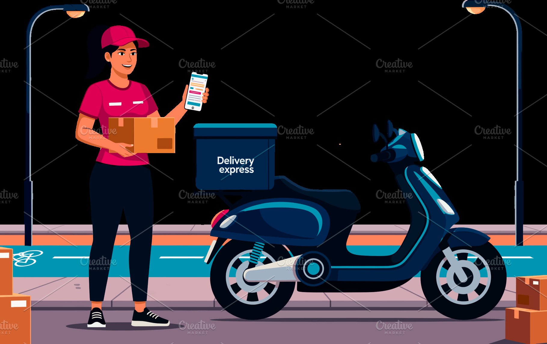 Female Delivery Rider with Packages, a Photo by angellodeco