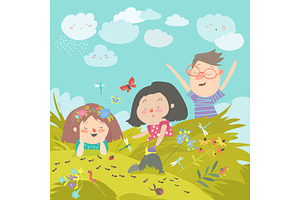 Cartoon Kids Look At Insect In Grass