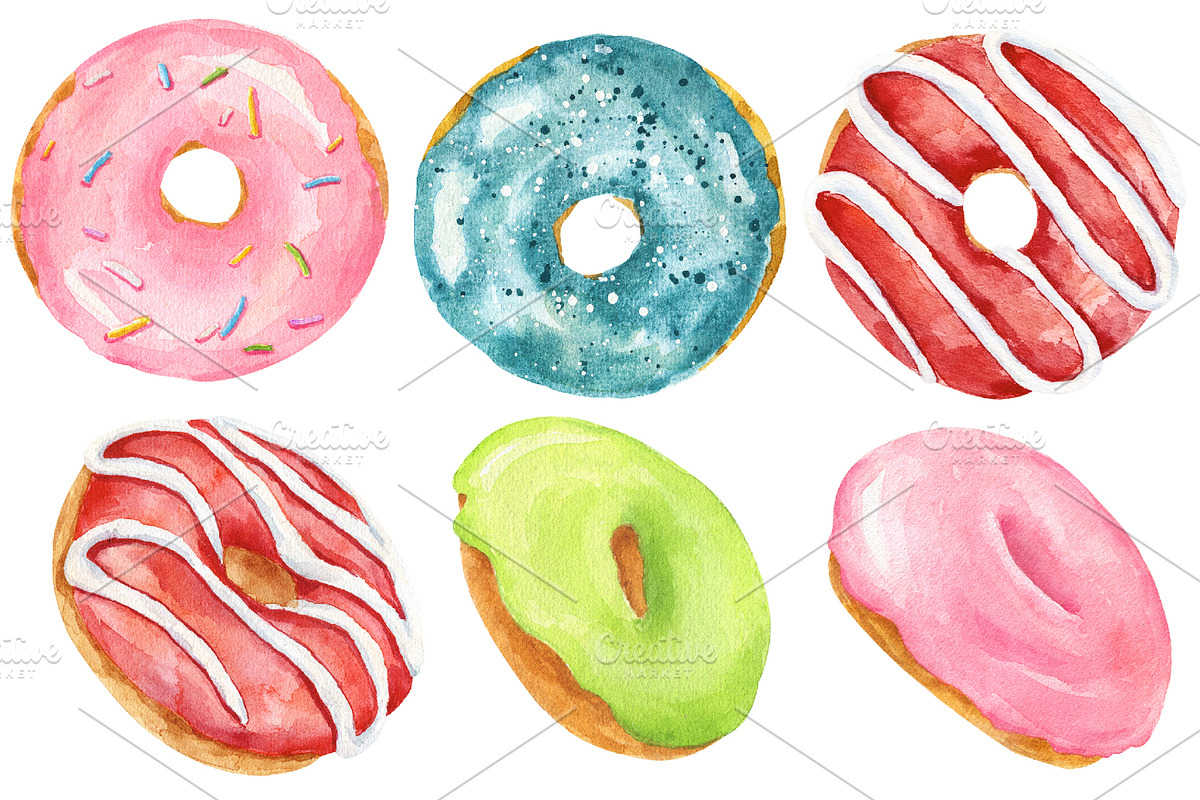 Set of watercolor delicious donuts, a Decorative Illustration by Nataliia Pyzhova (Photo 4 of 7)