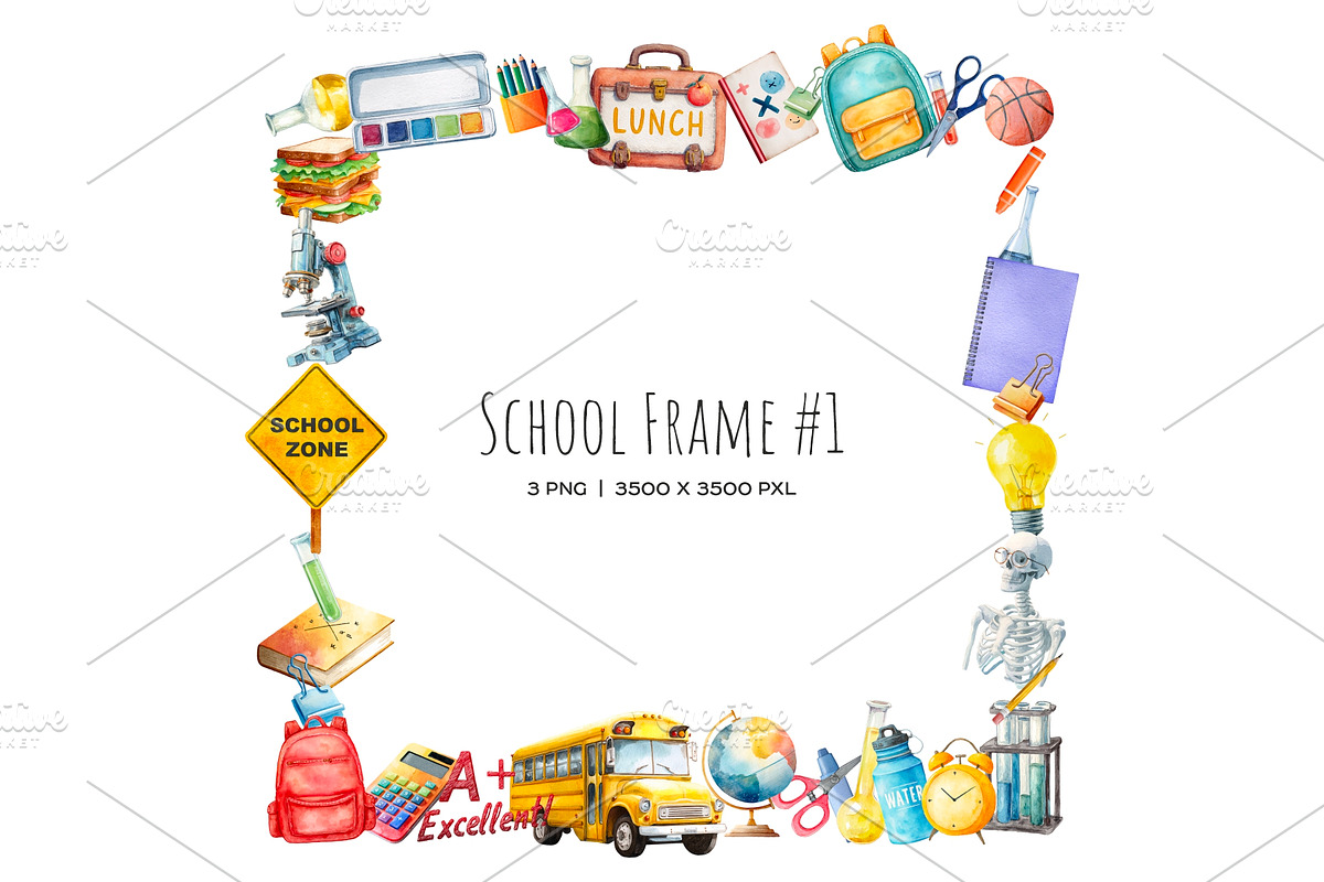 Watercolor Back to school frame 3PNG, an Education Illustration by Art and Funny (Photo 3 of 5)