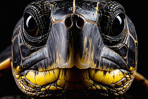 Dark patterned turtle face with intense eyes and scale, an Animal Photo by GoodGoods