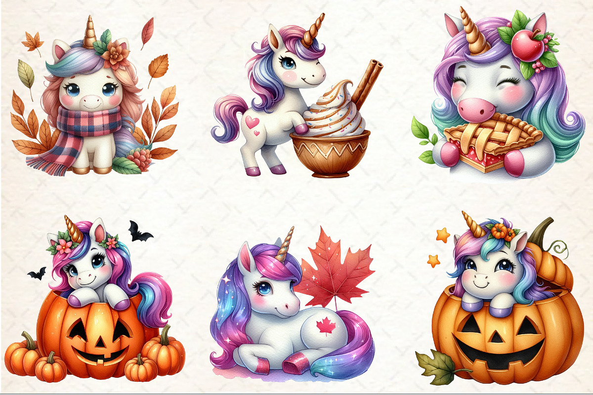 Watercolor Cute Unicorn Autumn Clipa, an Illustration by Rose Art (Photo 3 of 7)