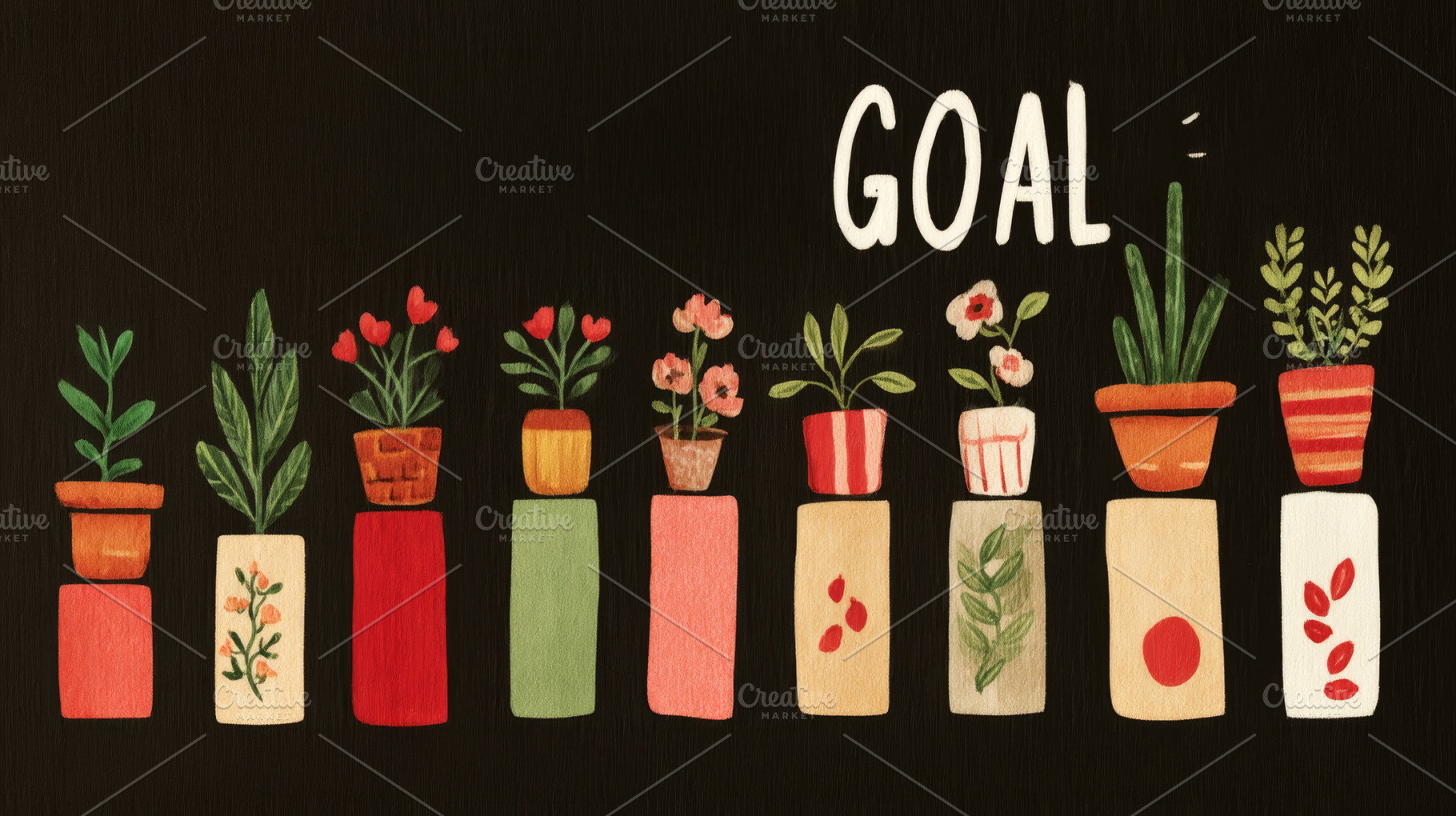 Hand painted illustrated monthly goal chart with potted plants on blocks repres, a Photo by AS photostudio