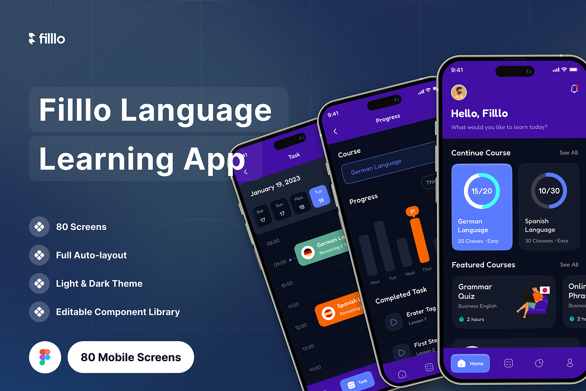 Filllo Language Learning App UI Kit, an UI Kit Template by floxui (Photo 1 of 8)