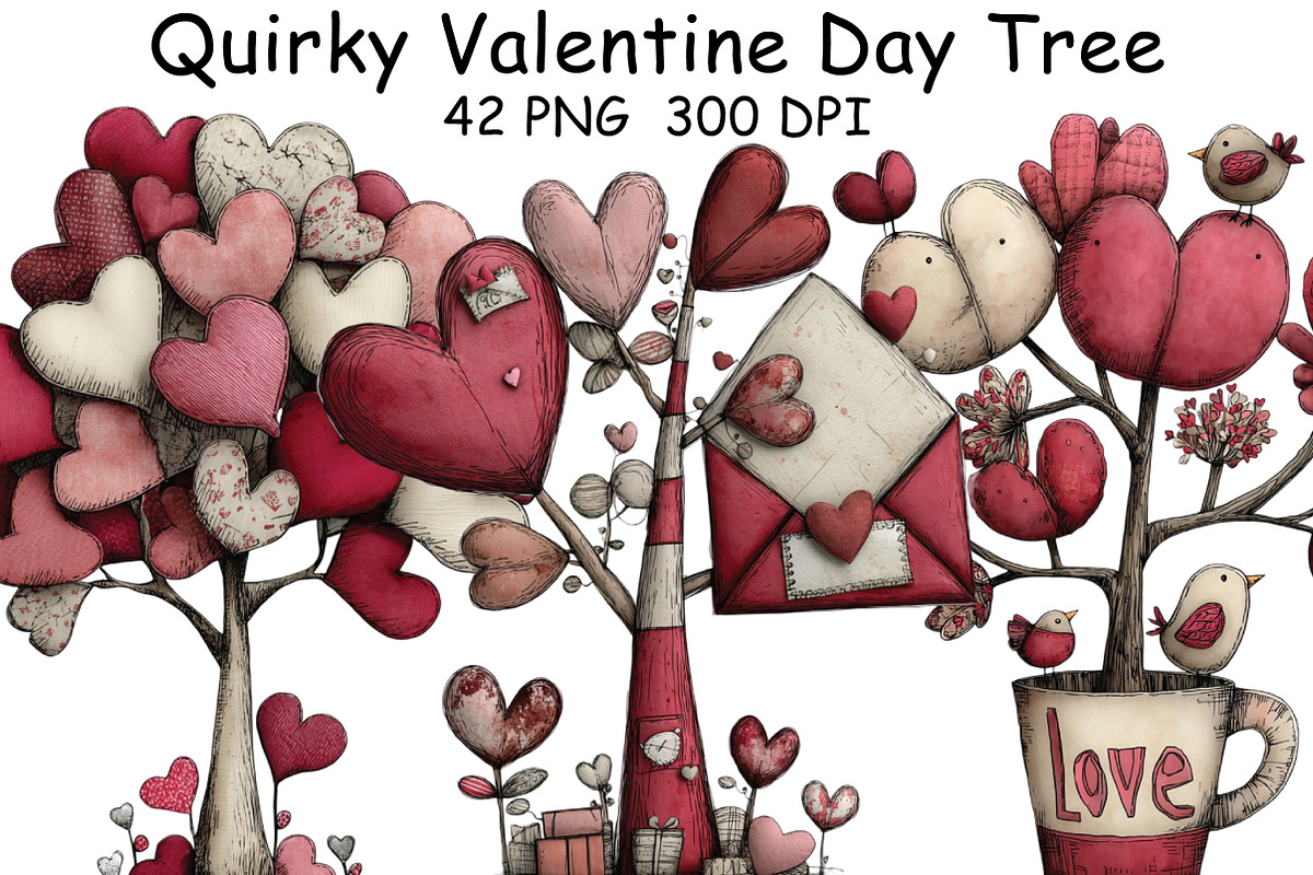 Quirky Valentine Day Tree Clipart, an Illustration by CraftArtStudio (Photo 1 of 6)