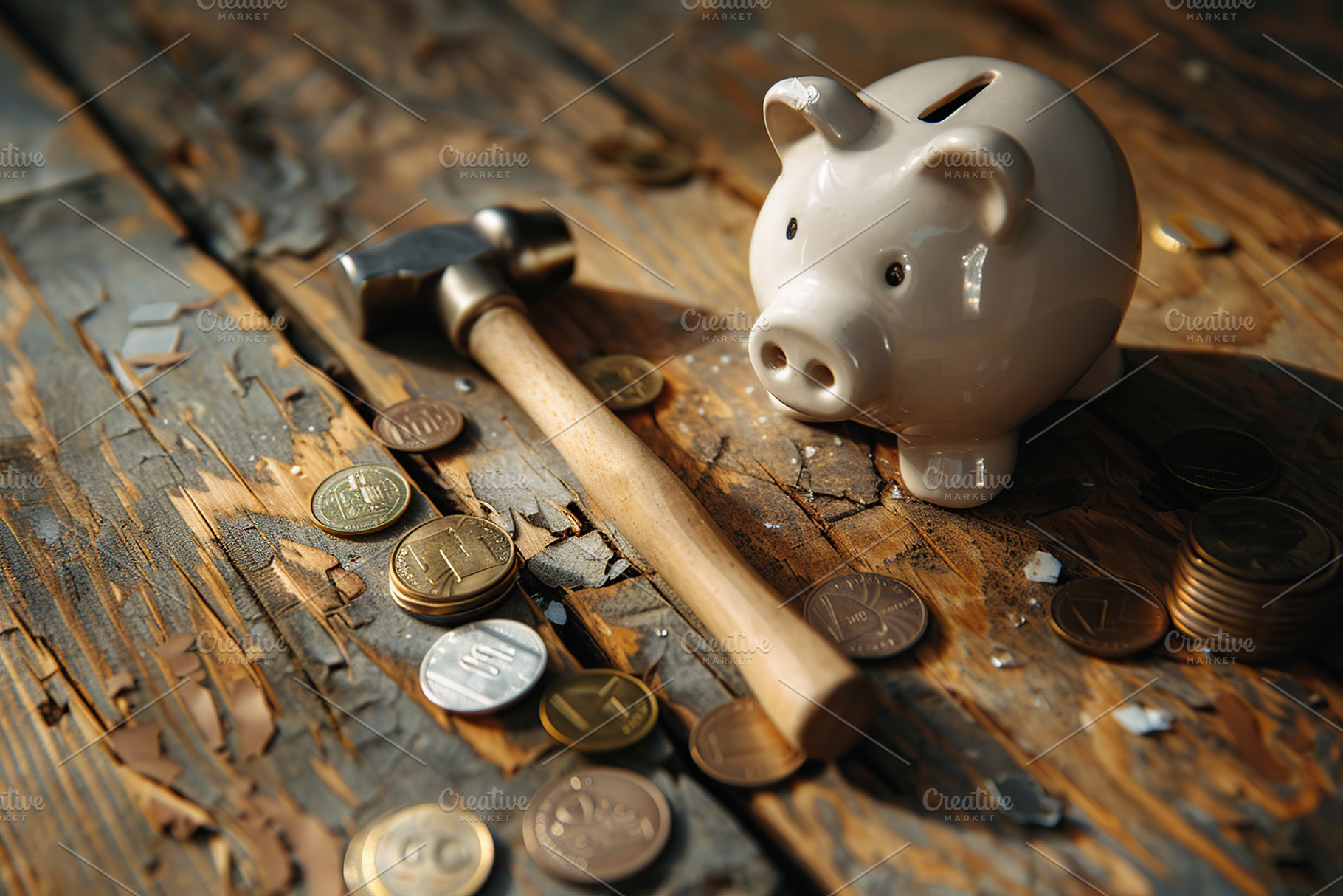 Broken piggy bank with coins, a Photo by AlyaAnd