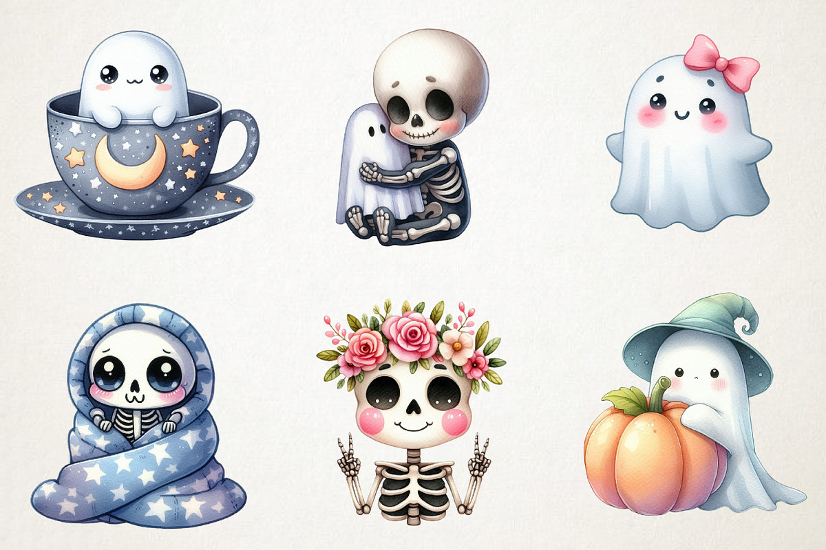 Cute Ghosts  Kawaii Skeletons PNG, an Illustration by RobertsArt (Photo 3 of 7)
