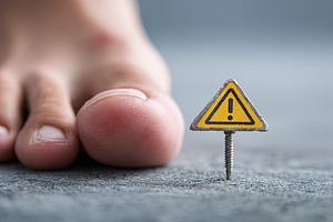 Close-up of a bare foot near a warning sign on a screw, symboliz, an Animal Photo by Ales Munt
