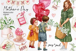 Watercolor Mother And Kids Clipart