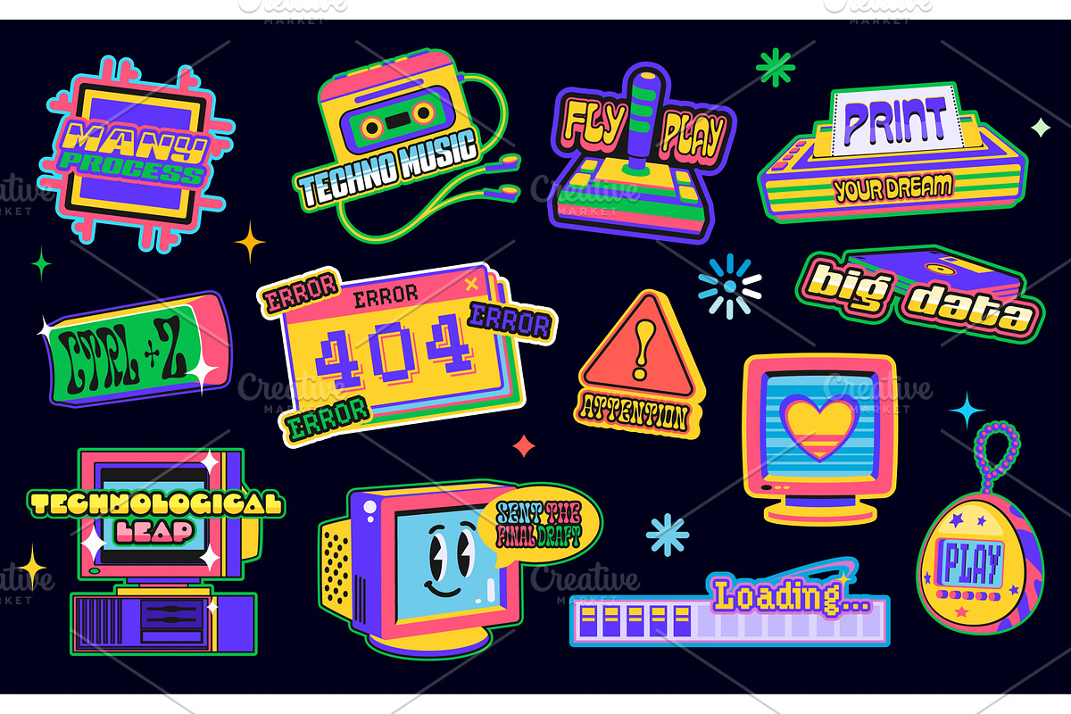 Retro technology y2k groovy stickers, a Decorative Illustration by Vector Tradition