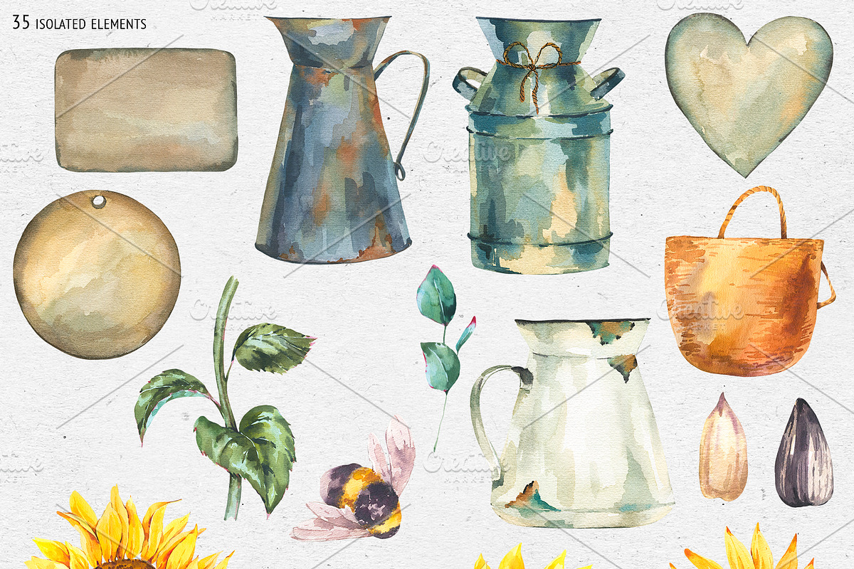Sunflower rustic watercolor flowers, an Illustration by Depiano (Photo 3 of 10)