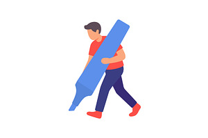 Man holding giant blue marker. Flat, a Person Illustration by GraphiShop
