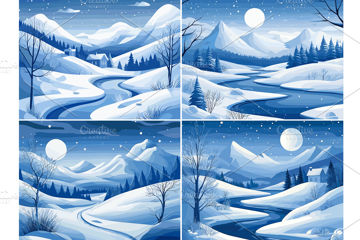 Snowy winter landscape cartoon, an Illustration by Onyx