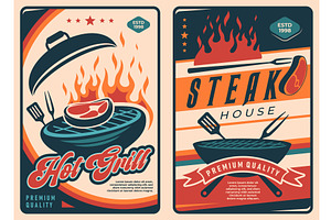 Retro bbq meat vector posters, a Food Illustration by Vector Tradition